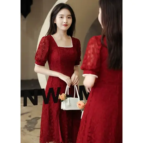 敬酒服新娘平时可穿夏季酒红色订婚回门小礼服连衣裙蕾丝开叉短款图片