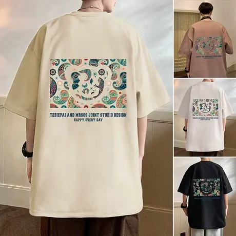 潮牌港风短袖t恤男夏季2023新款男装上衣ins宽松半袖重磅纯棉体恤商品大图