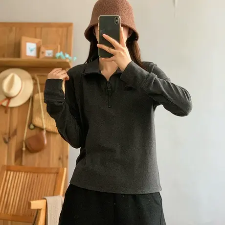 dza 复古拉链立领长袖打底衫女春秋新款宽松上衣纯色百搭休闲T恤商品大图