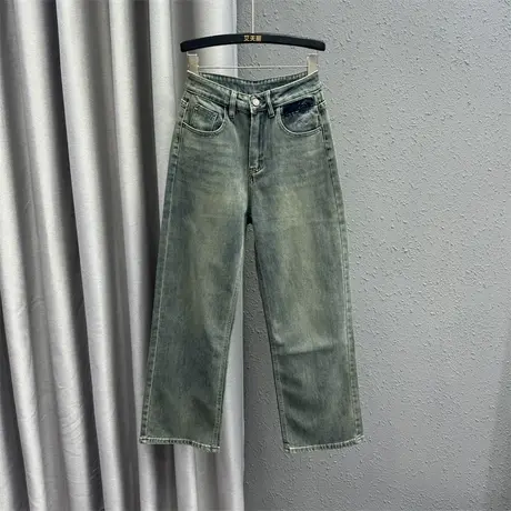 欧货洗水做旧牛仔直筒裤女24春季新款个性刺绣设计感复古高腰长裤图片