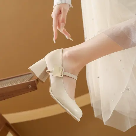 法式玛丽珍鞋子粗跟单鞋复古黑色小皮鞋晚晚温柔配裙子白色高跟鞋商品大图