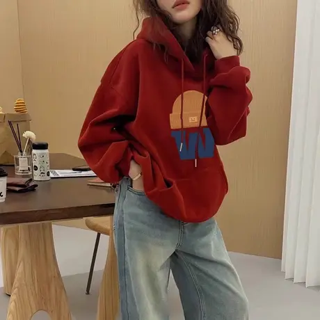 韩系慵懒风oversize大码连帽卫衣女加绒保暖ins上衣冬季情侣外套商品大图