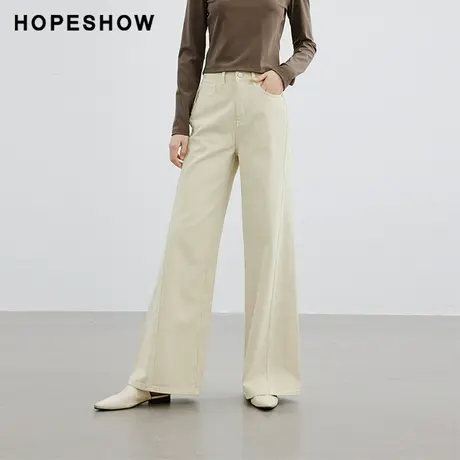 红袖亲肤舒适阔腿牛仔裤女hopeshow2024春季新款纯色显瘦休闲长裤图片