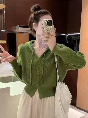 毛衣女秋冬慵懒风2024新款v领打底衫长袖内搭连帽针织衫短款上衣商品大图