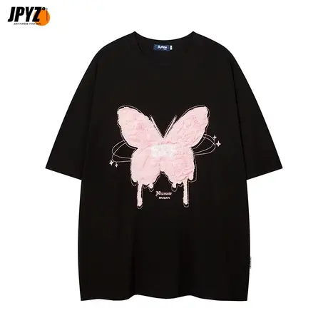 甜美毛绒蝴蝶植绒情侣半袖夏季宽松短袖圆领美式高街重磅t恤男潮商品大图
