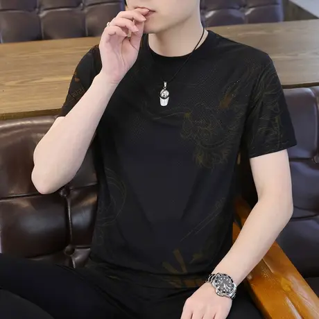 2024龙年国风T恤夏季薄款痞帅半袖上衣圆领修身百搭本命年男潮牌图片