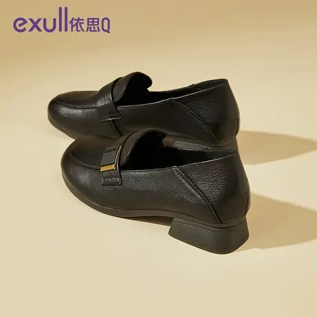 依思q英伦风小皮鞋女春季2024新款真皮粗跟乐福鞋软皮一脚蹬单鞋商品大图