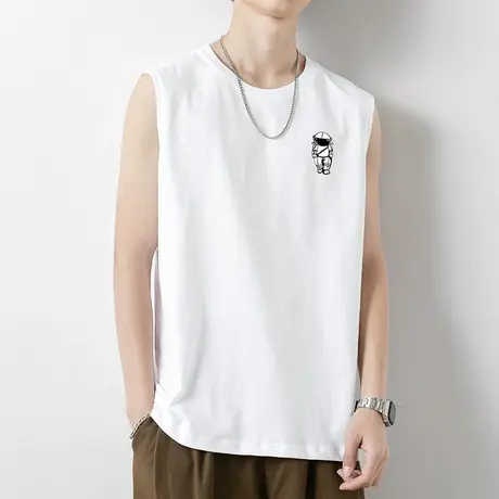 背心男纯棉夏季潮流宽松运动健身篮球坎肩宇航员印花白色无袖t恤商品大图