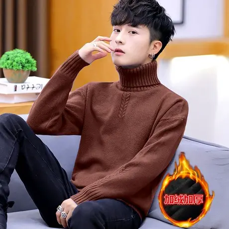 高领毛衣男士冬季韩版潮流加绒加厚男装毛线衣2023新款针织打底衫商品大图