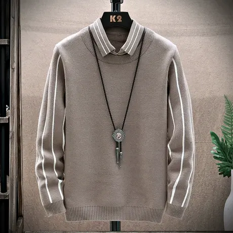 衬衫领毛衣男士羊毛衫秋冬季加厚男装假两件针织条纹打底衫上衣潮商品大图