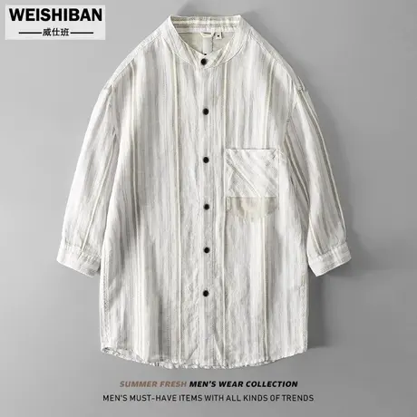 日系复古条纹棉麻七分袖衬衣宽松舒适透气上衣夏季慵懒风衬衫男商品大图