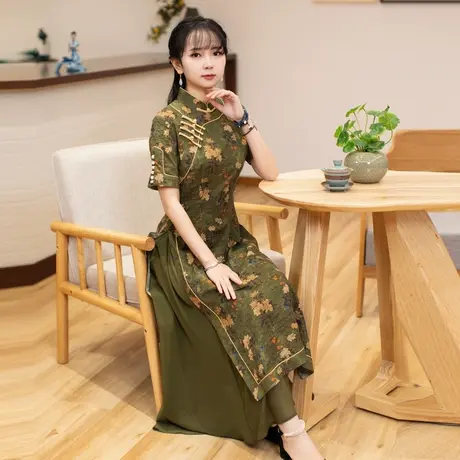 筠雅改良旗袍裙女小个子高端民国复古奥黛优雅中长款中国风女装商品大图