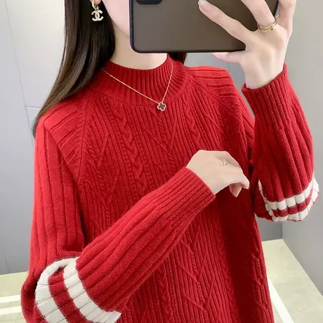 半高领红色麻花毛衣女加厚打底衫2023秋冬新款条纹针织衫内搭上衣图片