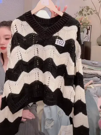 洋气外穿镂空条纹毛衣女2023秋装新款圆领宽松显瘦V领针织衫上衣图片