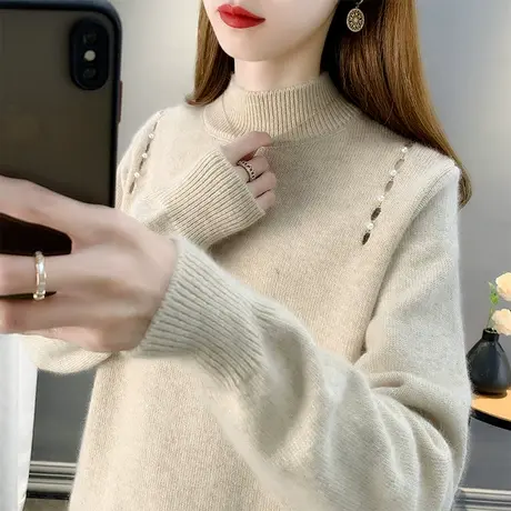 2022新款秋冬软糯系半高领毛衣女钉珠上衣女宽松外穿针织打底衫女图片