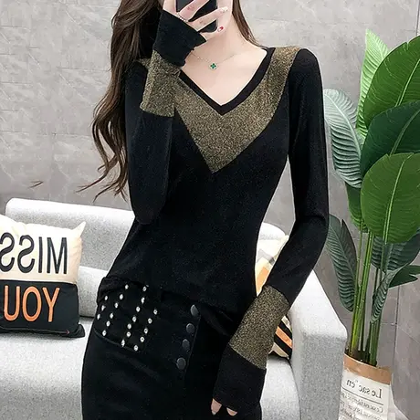 女装2023新款潮时尚拼色V领T恤女长袖春秋洋气轻熟上衣百搭打底衫商品大图