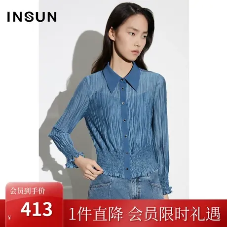 恩裳COVER2023春款新款莱赛尔腰间打揽微透视衬衣褶皱肌理感衬衫图片