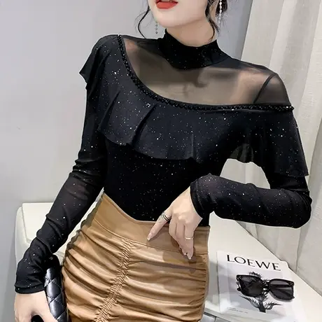 黑色网纱打底衫女春秋2023新款时尚荷叶边长袖T恤漂亮半高领上衣商品大图