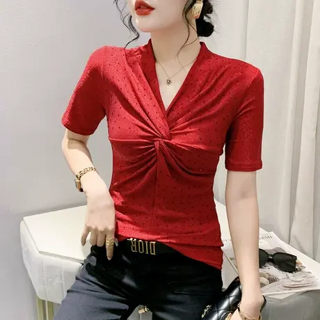 欧货性感V领T恤女短袖时尚设计感扭结上衣气质烫钻修身显瘦小衫夏商品大图