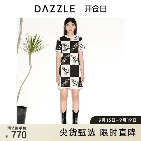 DAZZLE地素奥莱夏季小众设计感棋盘格印花针织短袖连衣裙女图片