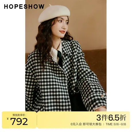 红袖outlets复古格纹双面呢大衣hopeshow2022冬季款亮丝长款外套图片