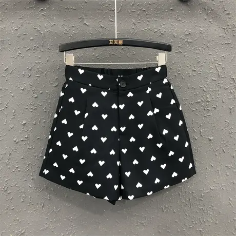 23夏季新款韩版高腰显瘦爱心图案休闲短裤女时尚简约风西装阔腿裤商品大图