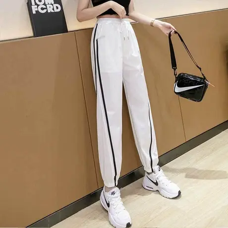 白色速干运动裤女夏薄款九分休闲裤子ins潮小个子宽松冰丝哈伦裤图片