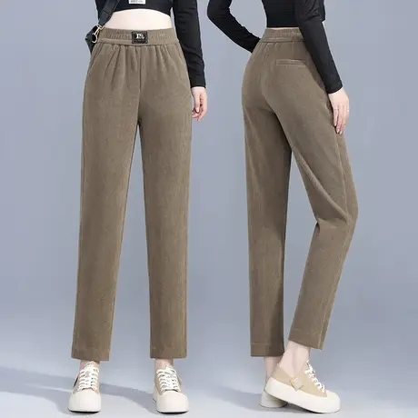 雪尼尔哈伦裤女秋季松紧高腰小个子宽松烟管裤大码胖MM显瘦老爹裤商品大图