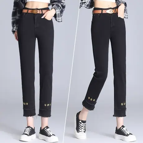 高腰牛仔小黑裤女秋季修身显瘦毛边直筒小脚裤韩版拼接八分烟管裤商品大图