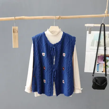 文艺范可爱上衣无袖针织开衫女背心小众刺绣圆领百搭毛衣马甲坎肩图片