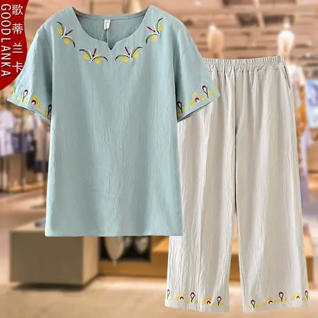 胖妈妈夏装套装短袖洋气时尚中老年妈妈装加肥加大码女棉麻两件套商品大图