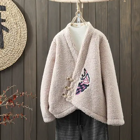 枫谜2021年冬季新款文艺复古羊羔毛刺绣棉衣女皮毛一体加厚外套图片