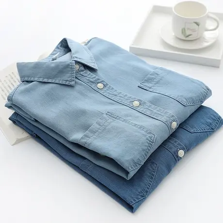 牛仔衬衫女2021秋季新款韩版宽松百搭打底衬衣复古长袖双口袋外套商品大图