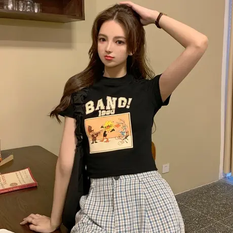 网红ins短袖t恤女2021夏季宽松韩版bf慵懒风短款修身露脐上衣服潮商品大图