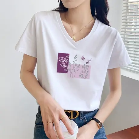 短袖v领上衣纯棉t恤女士夏装2022新款设计感小众宽松桃心领体恤衫商品大图