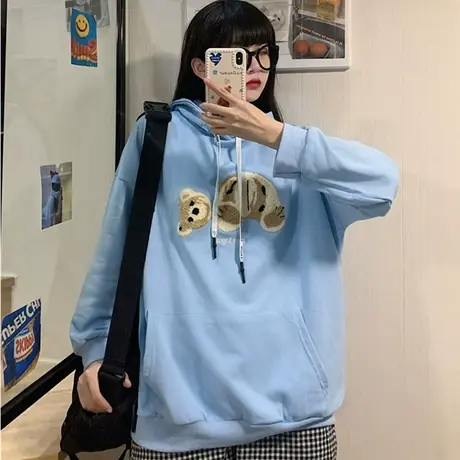 小熊卫衣女2020春秋宽松韩版潮ins原宿bf慵懒风薄款waitmore外套商品大图