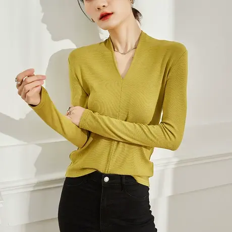 气质性感V领打底衫女2023早春新款修身显瘦长袖T恤内搭设计感上衣商品大图