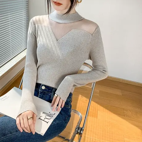 蕾丝网纱半高领针织打底衫女2023早春新款修身显瘦长袖内搭上衣商品大图