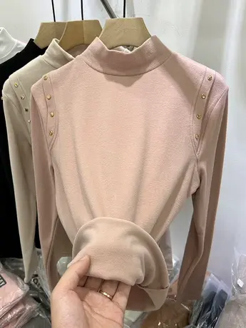 钉珠半高领双面磨毛德绒长袖T恤女2023秋冬新款内搭打底衫上衣厚商品大图