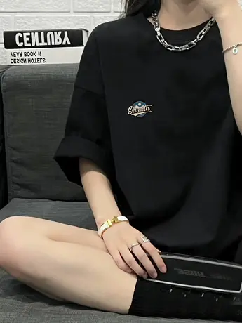 短袖t恤女2023年新款宽松印花郁金香正肩上衣黑色ins潮牌夏装商品大图