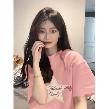 粉色短袖t恤女重磅纯棉夏季宽松小个子减龄洋气设计感半袖上衣ins商品大图