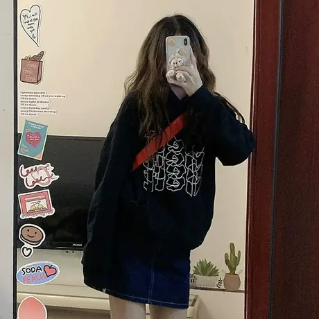 古着vintage设计感卫衣女ins潮秋冬加绒加厚宽松oversize连帽外套图片