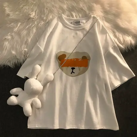 oversize大码卡通小熊白色短袖t恤女ins潮夏网红洋气减龄上衣百搭图片