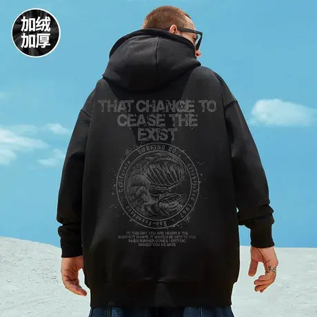 2023春秋季新款加绒卫衣男潮ins连帽潮牌宽松加肥加大码潮流外套图片
