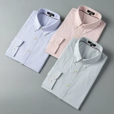 棉衬衫男休闲薄款修身长袖商务蓝色条纹衬衣秋季男士青年翻领上衣商品大图