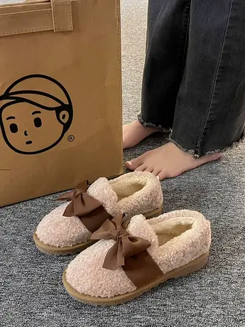 蝴蝶结毛毛鞋女冬外穿2023新款羊羔毛孕妇豆豆鞋平底加绒保暖棉鞋商品大图