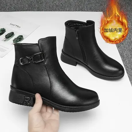 妈妈真皮靴子女加绒老北京棉鞋大码41冬季中老年平底棉靴防水防滑商品大图