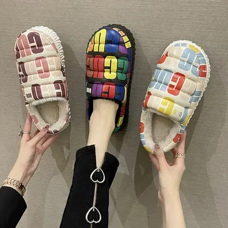 防水棉拖鞋女包跟冬季室内家居防滑保暖韩版PU皮棉拖情侣外穿棉鞋商品大图