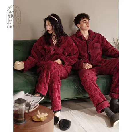 妮狄娅结婚睡衣女冬季珊瑚绒男格子喜庆红婚庆气质保暖家居服套装商品大图