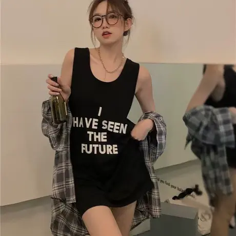 美式复古纯棉吊带运动坎肩背心无袖t恤女夏季外穿宽松篮球服上衣商品大图